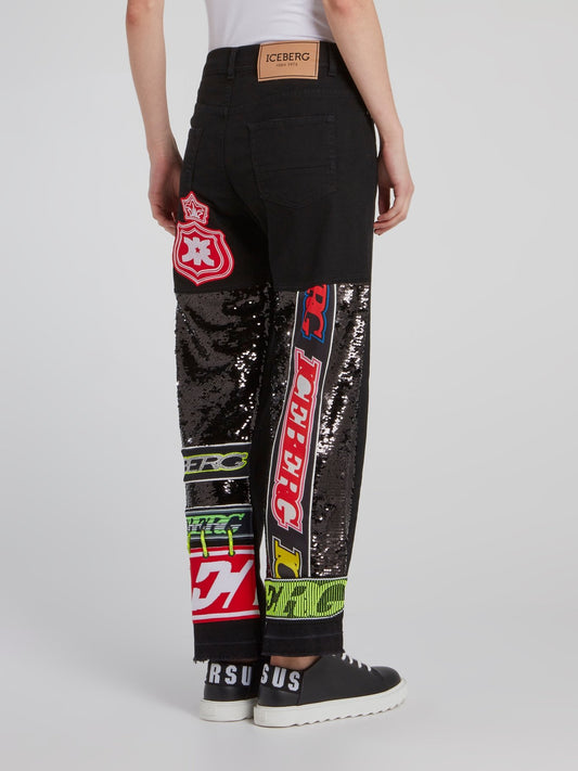 Черные прямые джинсы с логотипом и пайетками