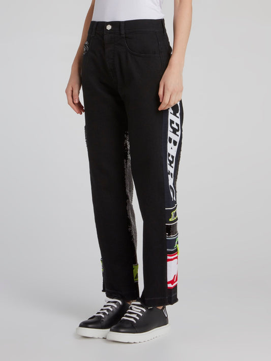Черные прямые джинсы с логотипом и пайетками