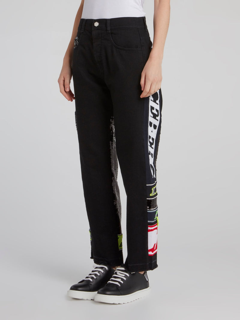 Черные прямые джинсы с логотипом и пайетками