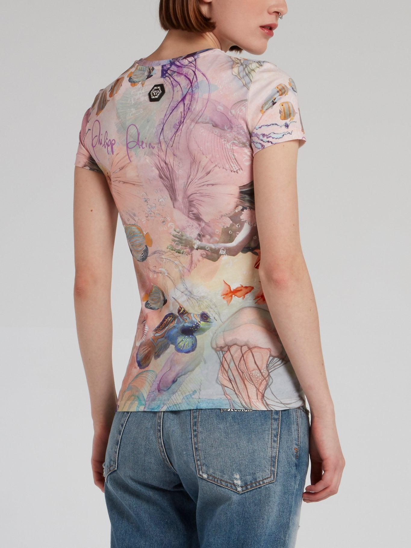 Футболка с морским принтом и логотипом из жемчужин