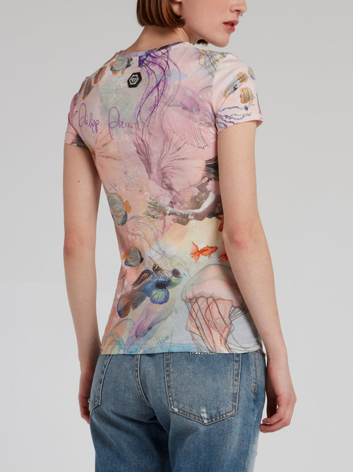 Футболка с морским принтом и логотипом из жемчужин