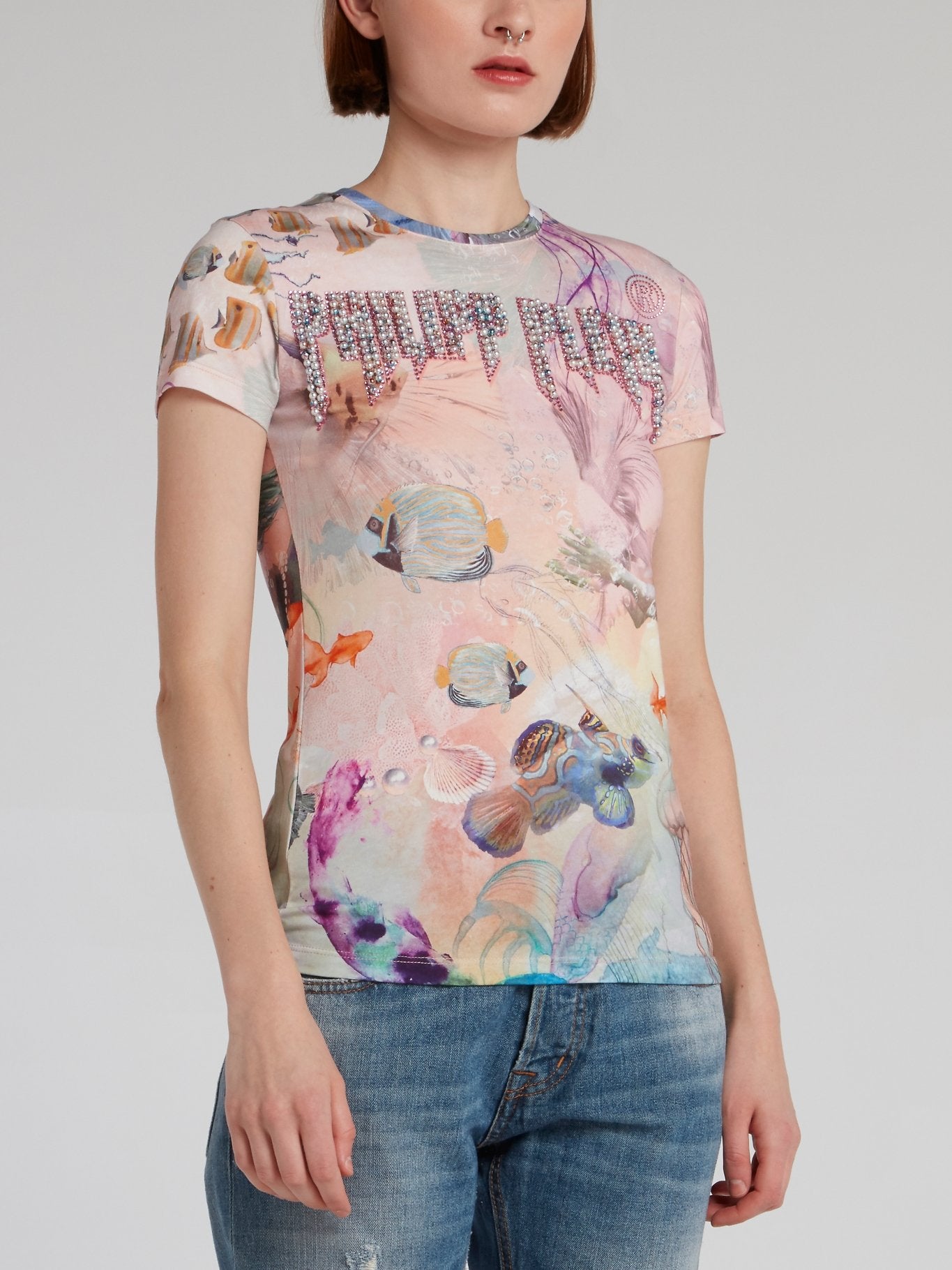 Футболка с морским принтом и логотипом из жемчужин