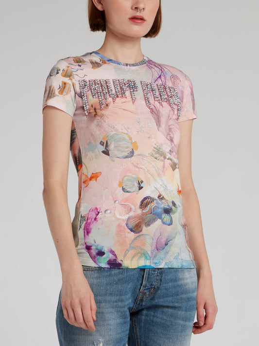 Футболка с морским принтом и логотипом из жемчужин