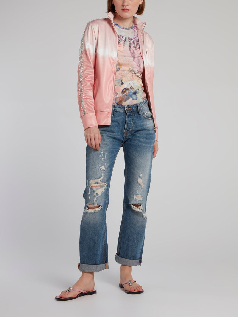 Футболка с морским принтом и логотипом из жемчужин