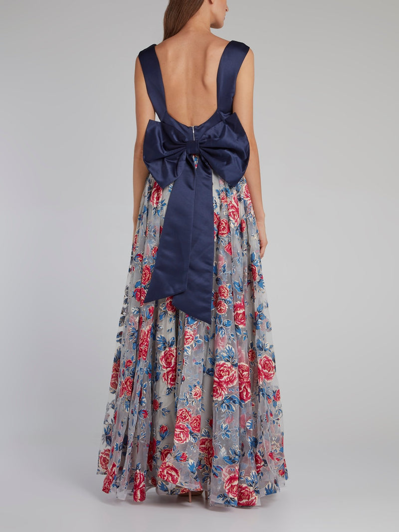 Navy Bodice Ribbon Detail Floral Dress