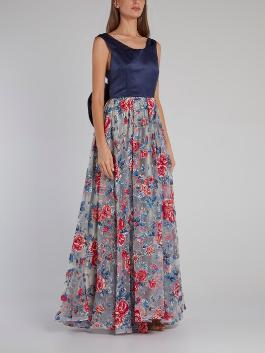 Navy Bodice Ribbon Detail Floral Dress