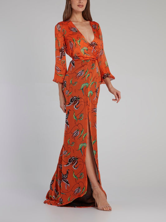 Orange Printed Rear Tie Gown