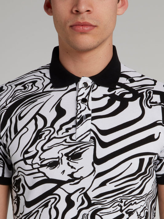 White Marble Print Polo Shirt