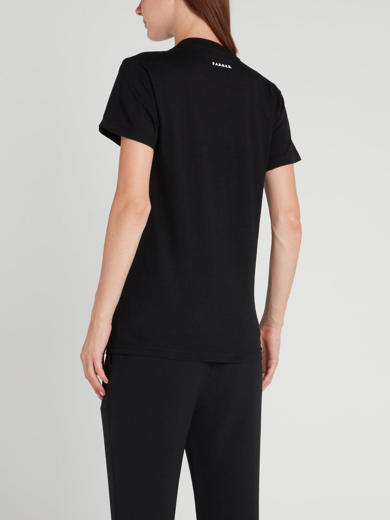 Черная футболка с изображением дракона и стразами