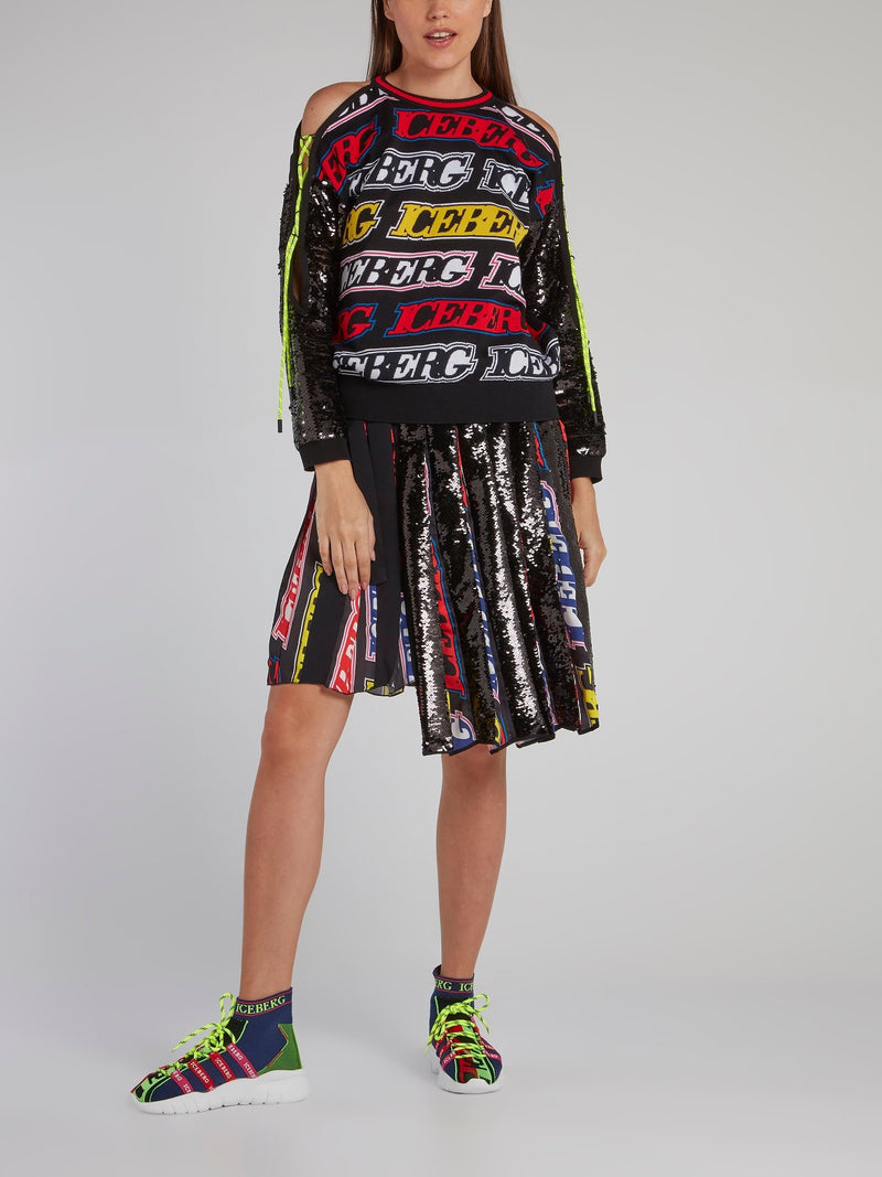 Black Pleated Sequin Asymmetric Skirt