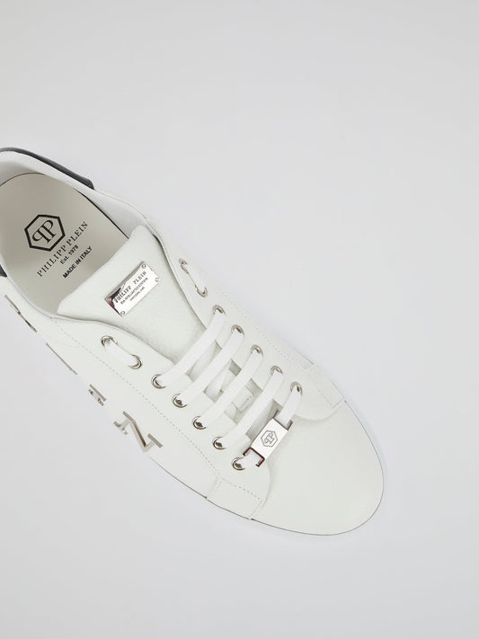 White Logo Embellished Low Top Sneakers