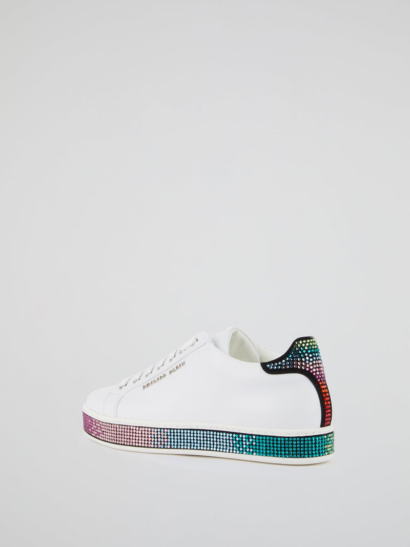 White Crystal Studded Low Top Sneakers