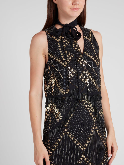 Черное платье-макси со стразами и бантом