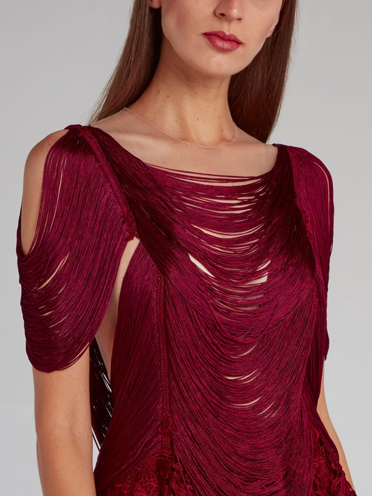 Burgundy Tassel Bodice Lace Midi Dress