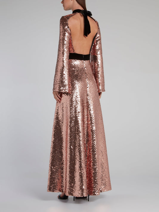 Metallic Bow Tie Sequin Maxi Dress