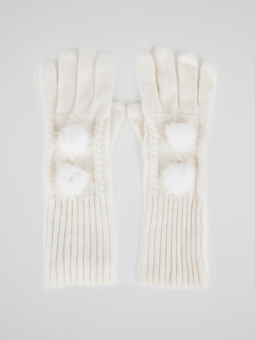 White Mink Fur Pom Pom Gloves