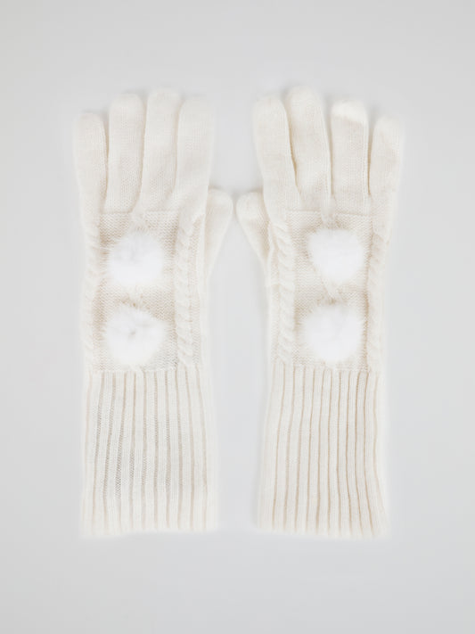 White Mink Fur Pom Pom Gloves