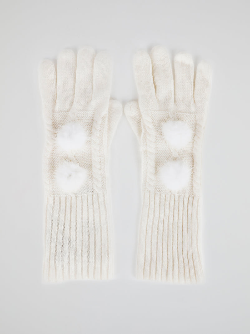 White Mink Fur Pom Pom Gloves