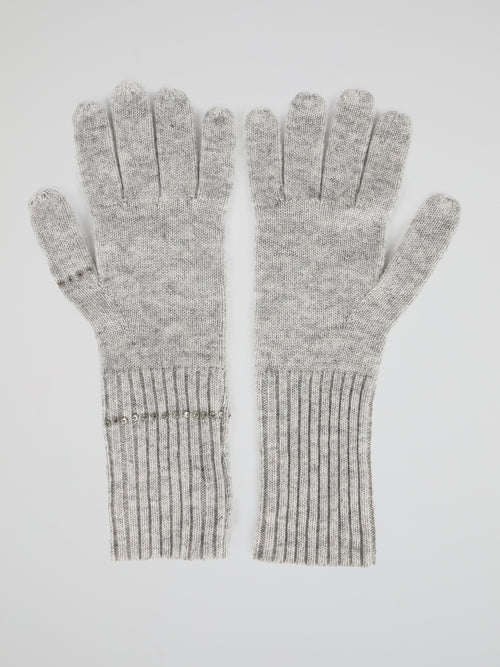 Grey Strass Embellished Gloves