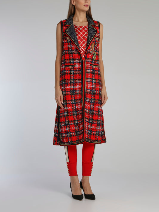Red Check Tweed Long Coat