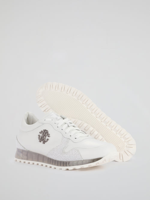 White Textured Panel Leather Sneakers