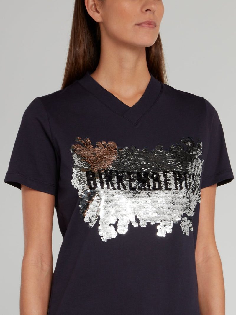 Темно-синяя футболка с V-образным вырезом и логотипом из пайеток