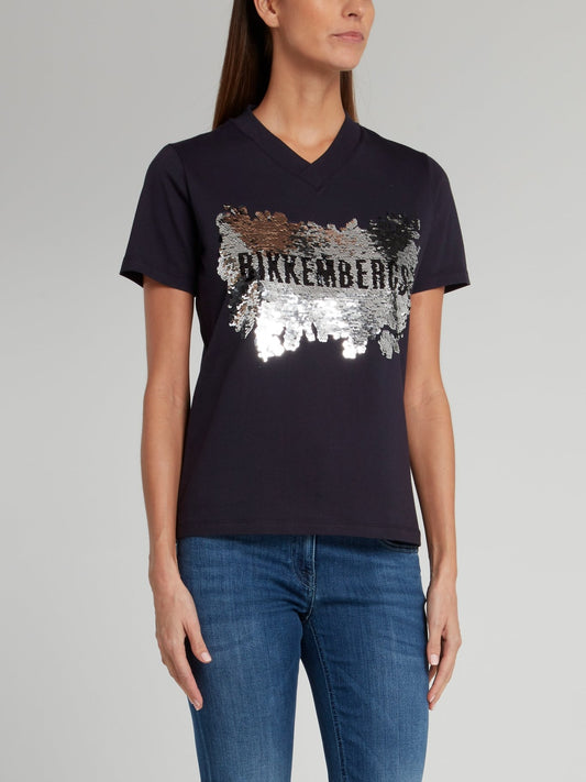 Navy Sequin Logo V-Neck T-Shirt