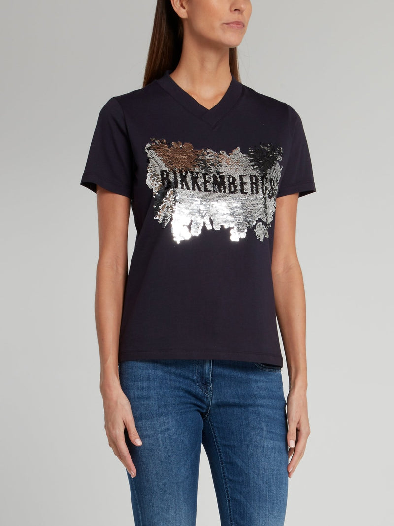 Темно-синяя футболка с V-образным вырезом и логотипом из пайеток