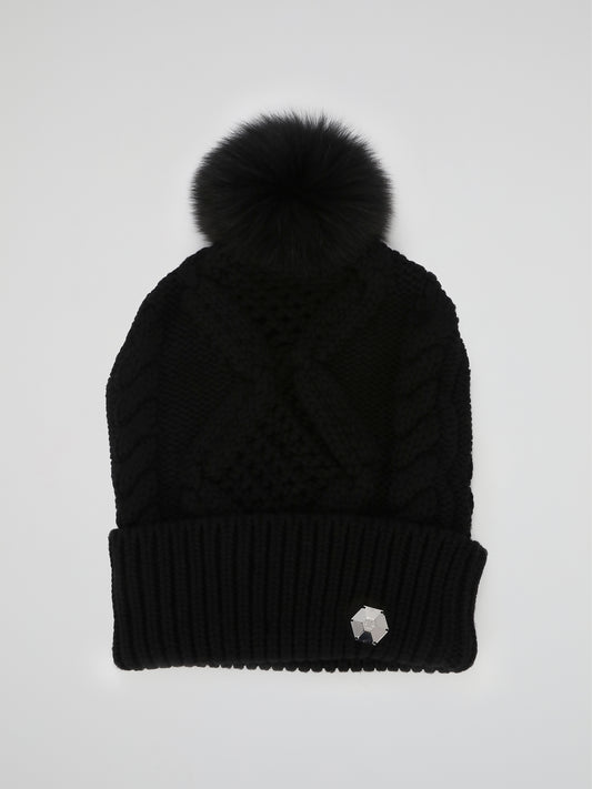 Black Ribbed Pom Pom Beanie