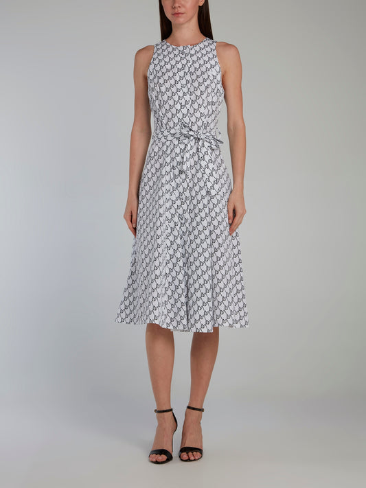 Monogram Print Tie Front Midi Dress