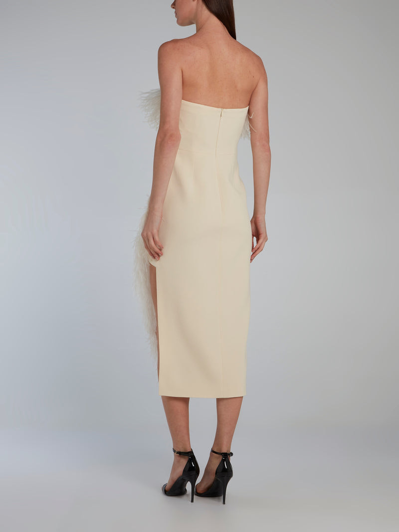 Feather Trim Asymmetrical Hem Strapless Midi Dress