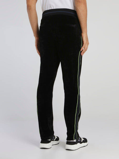 Black Side Stripe Drawstring Velvet Trousers