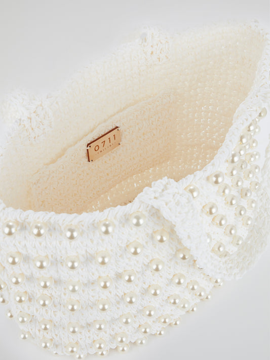 White Malibu Pearl Embellished Beach Bag