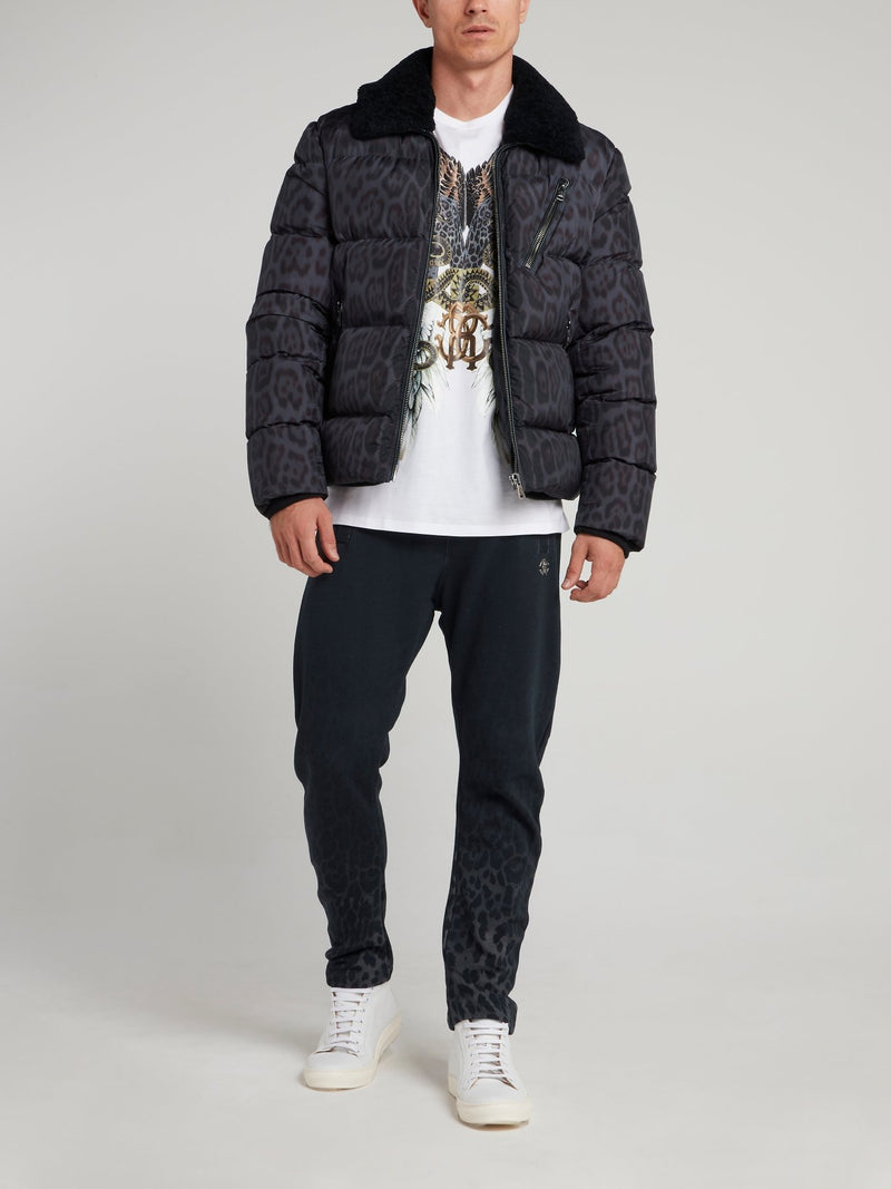 Теплая куртка с леопардовым принтом и меховым воротником