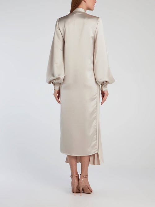 Beige Tie Front Pleated Midi Dress