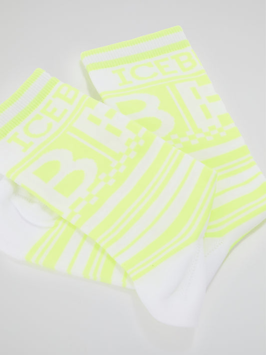 Neon Yellow Logo Striped Crew Socks