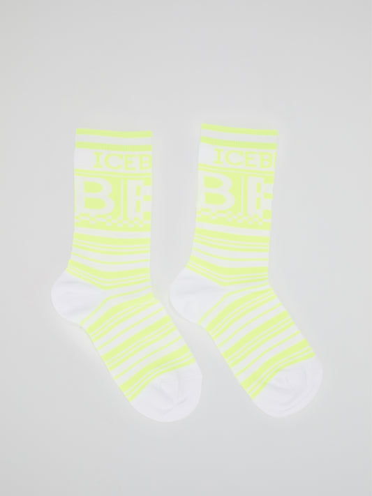 Neon Yellow Logo Striped Crew Socks
