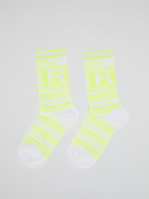 Neon Yellow Logo Striped Crew Socks