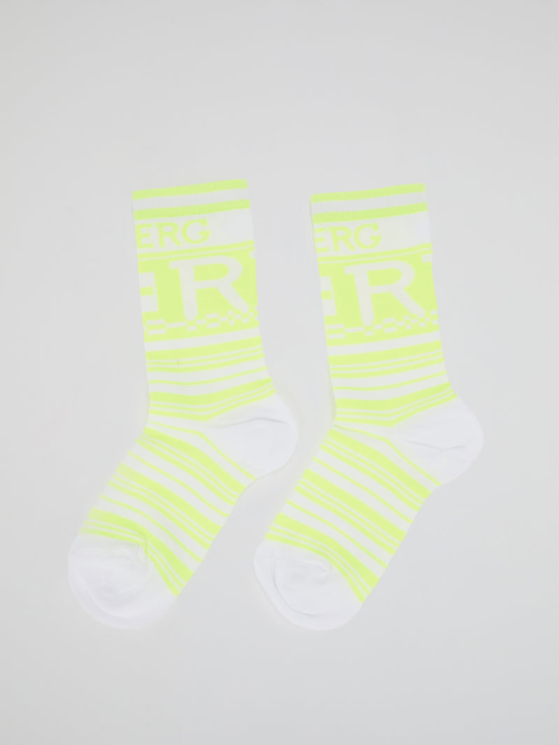 Neon Yellow Logo Striped Crew Socks
