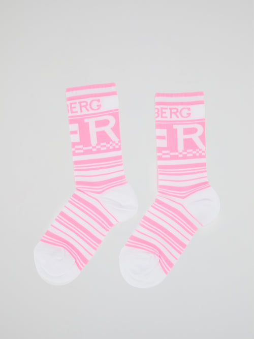Pink Logo Striped Crew Socks