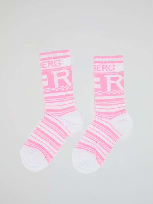 Pink Logo Striped Crew Socks