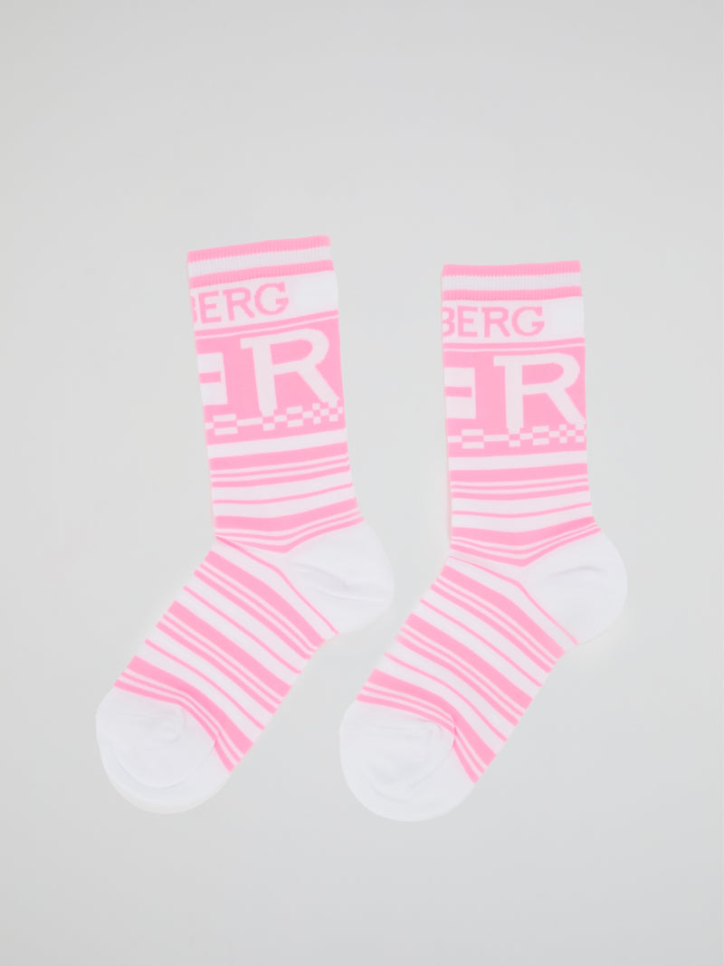 Pink Logo Striped Crew Socks