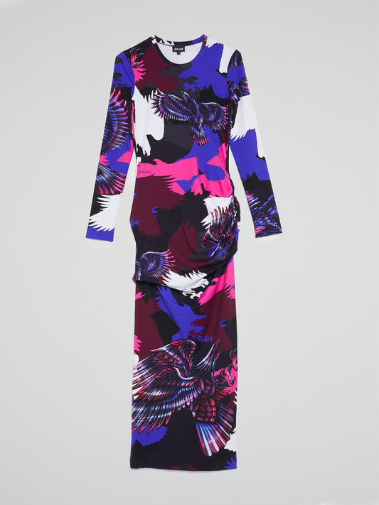 Eagle Print Ruched Maxi Dress