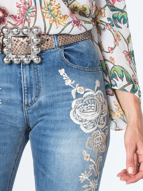 Floral Embroidered High Rise Flared Jeans