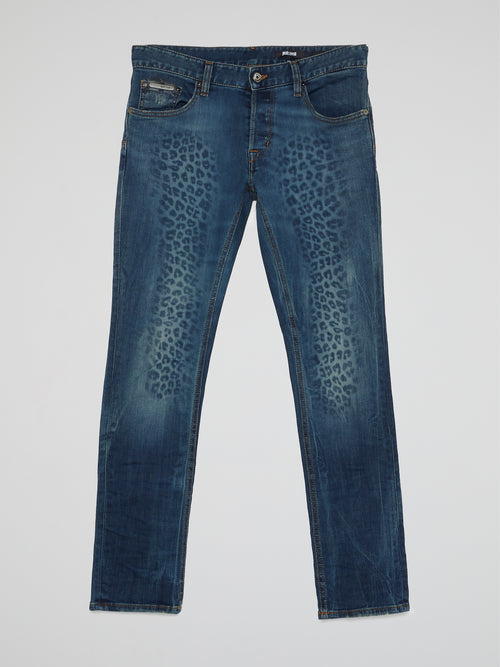 Navy Leopard Print Denim Jeans