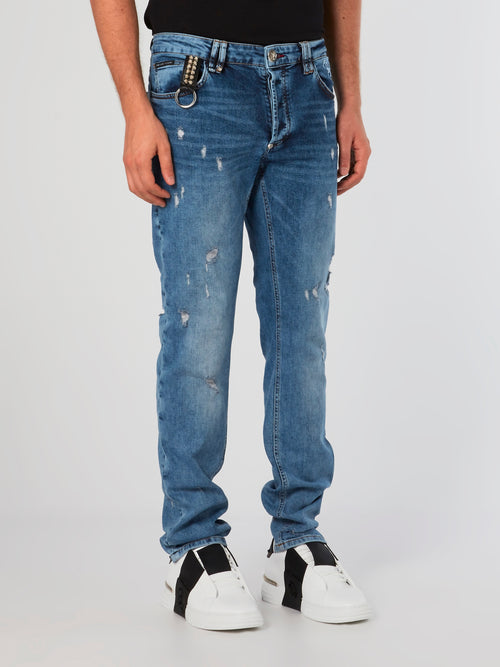 Blue Distressed Straight Cut Jeans
