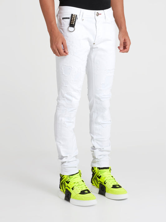 White Distressed Straight Cut Jeans