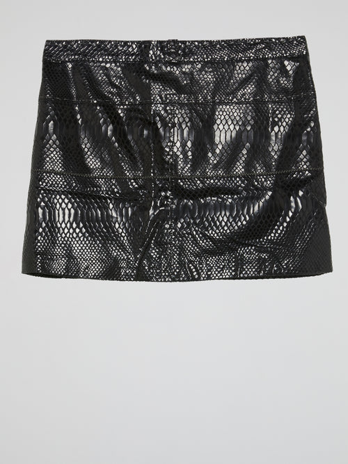 Black Snake Effect Leather Mini Skirt