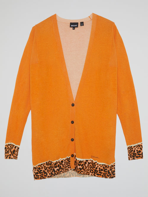 Orange Leopard Print Hem Cardigan