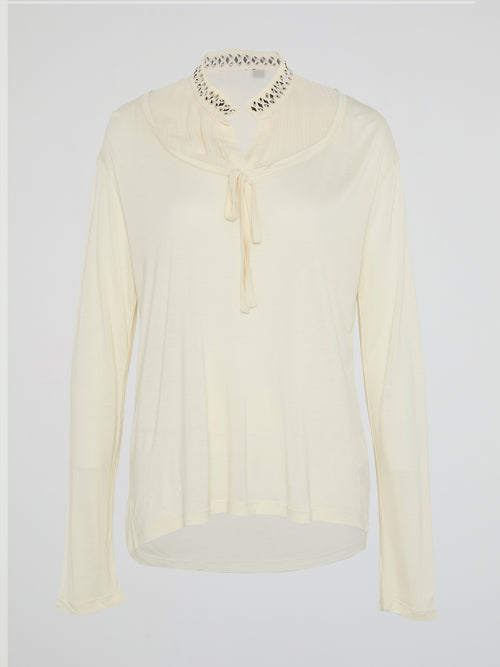White Studded Collar Long Sleeve Top
